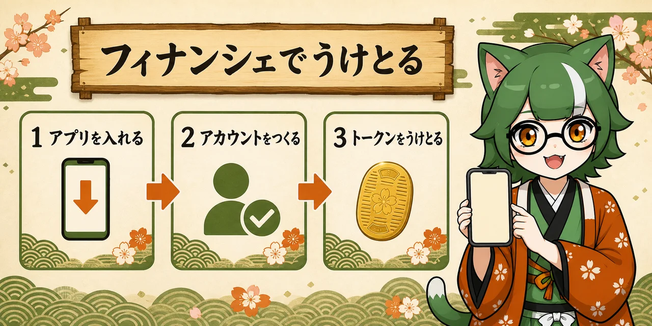 FiNANCiEでうけとる3ステップの図解: アプリを入れる・アカウントをつくる・トークンをうけとる