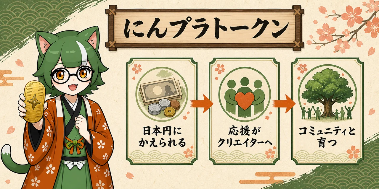 にんプラトークンの図解: 日本円にかえられる・応援がクリエイターへ・コミュニティと育つ